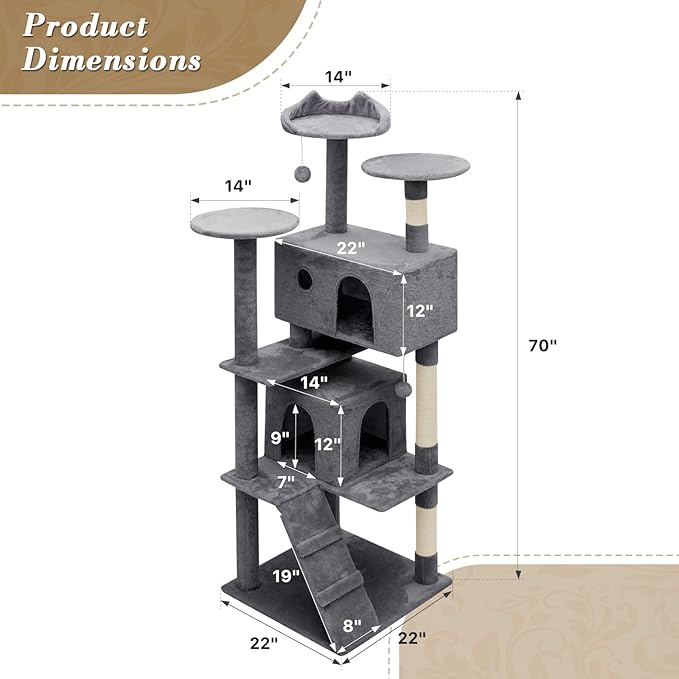 Athena Collection Cat Climbing Tree - 70 Inch Indoor Cat Activity Center with Multi-Levels, Cat Condo, Scratching Post, Dangling Ball, Dark Gray