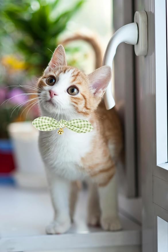 Bowtie Cat Collar with Bell, 2 Pack Cotton Breakaway Kitten Collars with Removeable Bow Stylish Cat Collars, Floral Green & Plaid