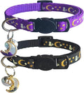 2 Pack Breakaway Cat Collars, Glow in Dark with Bell & Moon Star Pendant, Safety Buckle Kitten Collars Adjustable from 6.9-10.7" (Black/Purple)