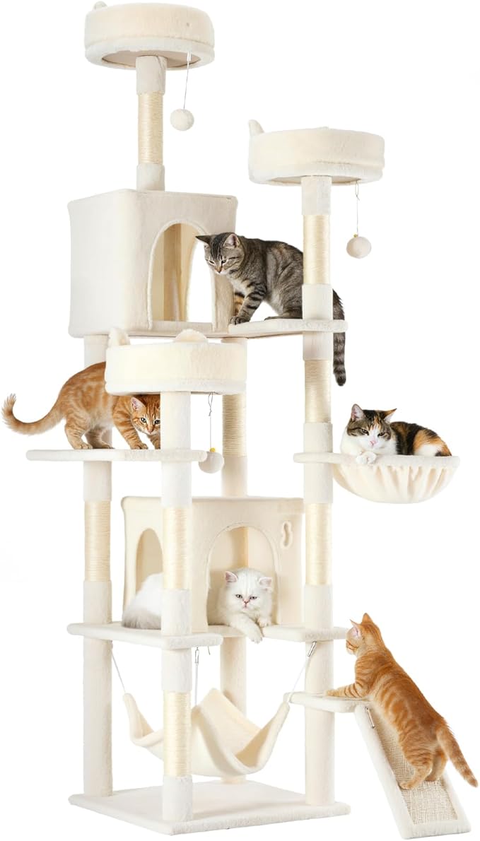 DUMOS Tall Cat Tree 75 Inch, Large Multi-Level Cat Tree Tower with Condo, Perches, Sisal Scratching Posts Board and Hammock, Pet Play House with Dangling Balls for Indoor Cats, Beige
