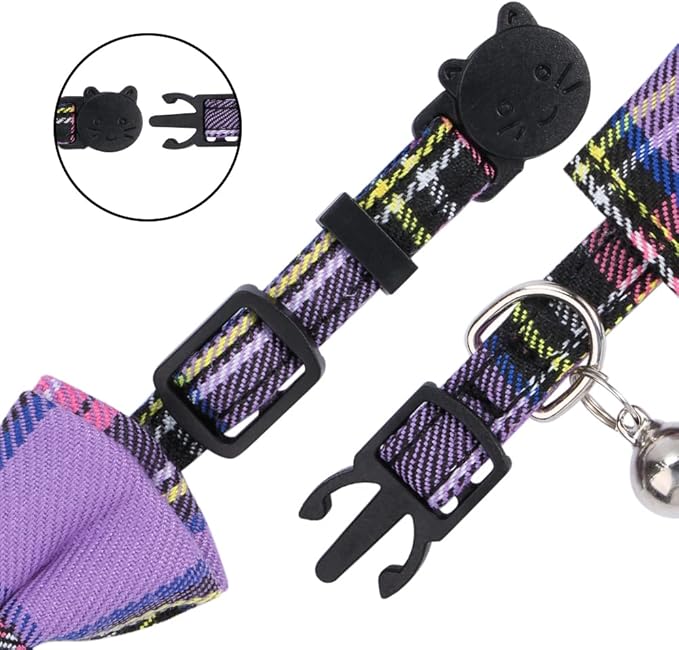 Faleela 2 Pack/Set Cat Collar with Cute Bow Tie and Bell,Breakaway Plaid Shirt Collar for Kitty Adjustable Safety