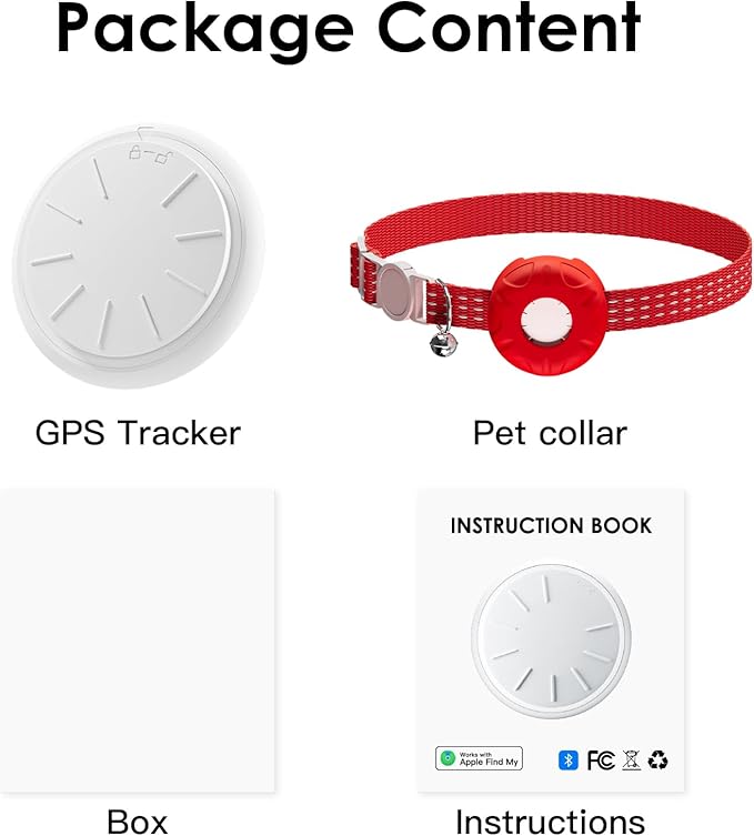 GPS Tracker for Cats, Cat Tracker Collar with Safety Elastic Buckle, Compatible with Apple Find My App (Only iOS), No Monthly Fee, Waterproof (White Tracker, Red Cat Collar)