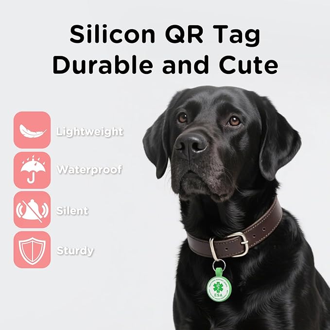 ESA Dog Tag, QR Code Dog Tag, Modifiable Free Pet Online Profile, Scannable QR Code, Scan QR Send Instant Location Alert Email, Silicone Lightweight ID Tag for Dog and Cat (Green, Regular)