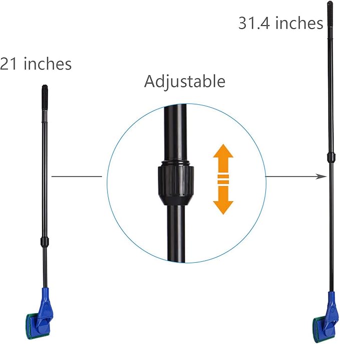 Aquarium Cleaning Tools Kit 5 In 1 Function for Long Deep Fish Tank, Adjustable Length Rod, Including Algae Scrape, Cleaning Sponge, 3.9" Small Fishnet, Gravel Rake, Plant Fork