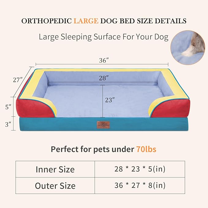 Comfort Expression Orthopedic Dog Bed for Large Dogs 36x27 Inch, Waterproof Egg Crate Foam Large Pet Bed with Removable Bolsters, Dog Couch with Washable Cover & Non-Slip Bottom, Funfetti Fiesta
