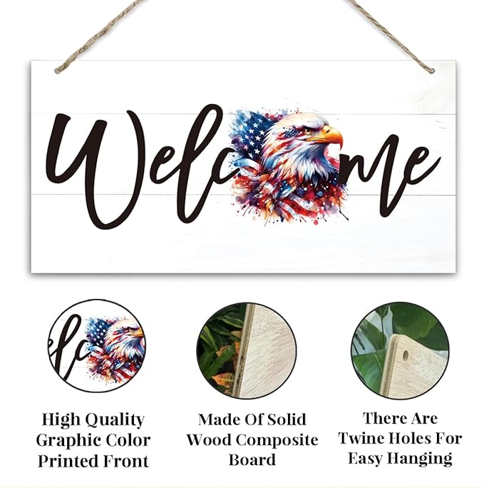 Welcome Sign for Front Door, Welcome Decor Wooden Hanging Sign for Wall Decor, American Bald Eagle Pattern Hanging Signs, Funny Wooden Outdoor Front Door Decoration 13.8X6.9 inches