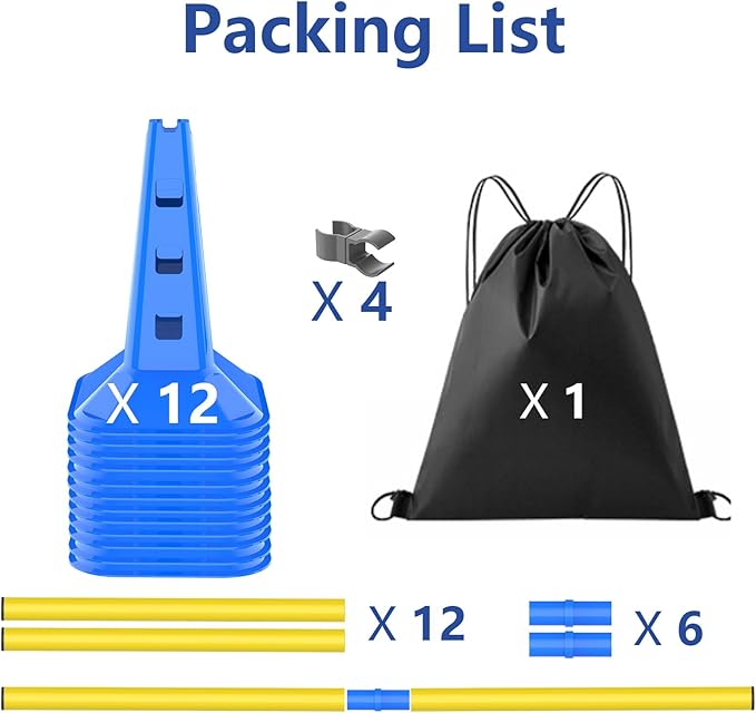 Dog Agility Hurdle Cone Set, Adjustable Height Dog Agility Course for Backyard Training, 12 Cones with PVC Crossbar, 4 Height Levels (12 Pack)