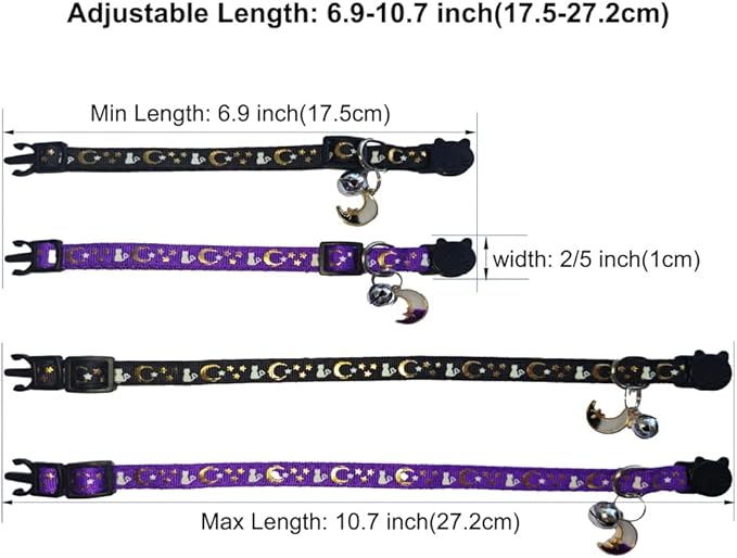 2 Pack Breakaway Cat Collars, Glow in Dark with Bell & Moon Star Pendant, Safety Buckle Kitten Collars Adjustable from 6.9-10.7" (Black/Purple)