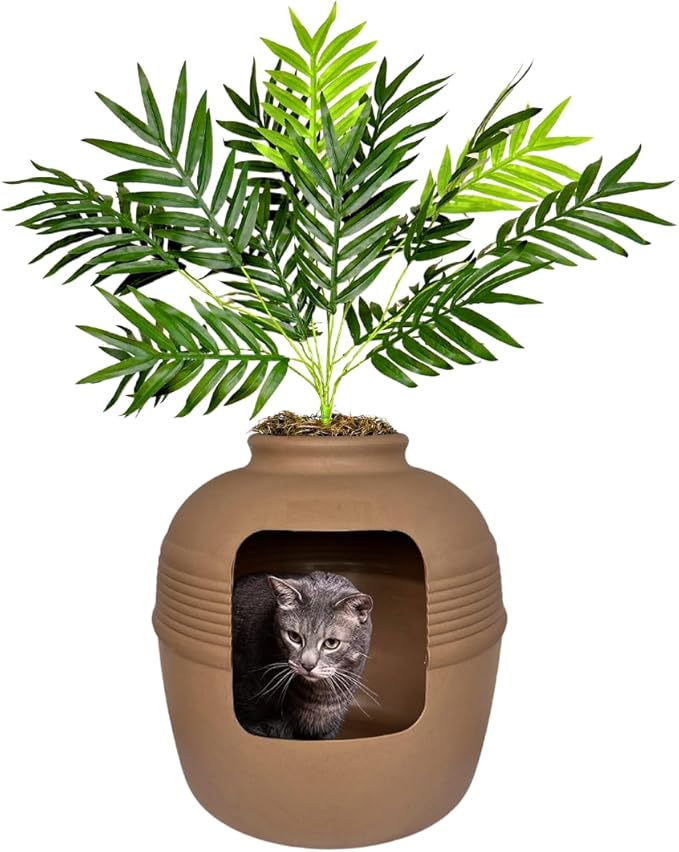 Good Pet Stuff Hidden Litter Box Planter, Decorative Cat Litter Enclosure with Carbon Filter, Artificial Plant, Easy Clean, Indoor Design, Original Round Style, Base Kit, Mocha Brown