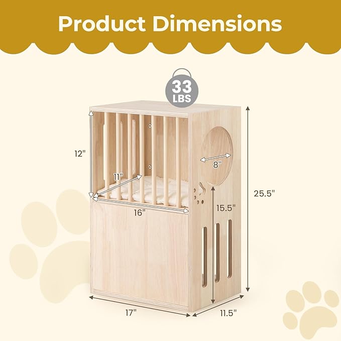Tangkula 2-Tier Luxury Wood Cat House, Wooden Kitten Cage Condo with 2 Washable Plush Cushions, 2 Access Holes, Indoor Pet Playpen Cat Catio End Side Table Nightstand, Ventilated Cat Bed Furniture