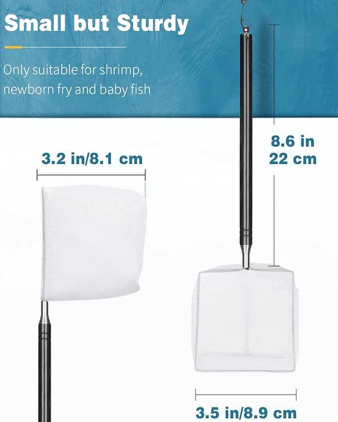 Pawfly 4 Inch Aquarium Soft Square Fine Shrimp Net, Tiny Fish Tank Net for Small Ponds, Extendable Stainless Steel Handle