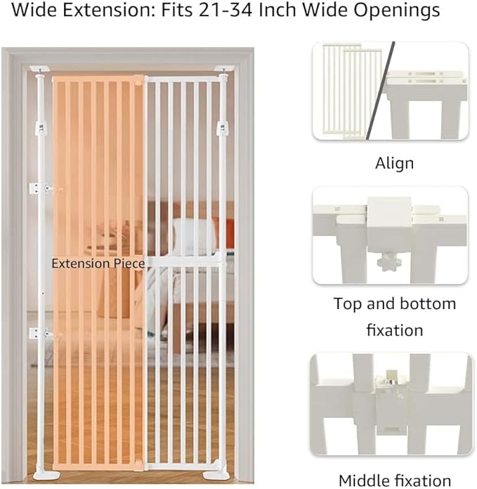 unipaws 75" High Extra Tall Cat Gate, Auto Closing and No Drilling Safety Gate for Doorway Hallway Stairs, Cat Dog Proof, Fit for 21"-34" Wide Opening, Indoor Use, White
