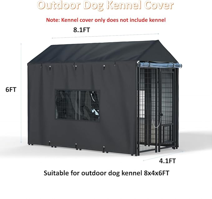 Outdoor Dog Kennel Cover - Full Coverage for 8.1'Dx4.1'Wx6'H Dog Cages, Outdoor Dog Kennel Insulation Cover, with Transparent Window and Fleece Insulation Lining, Black（Excluding Dog kennels）
