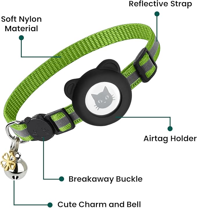 Cat Collar with AirTag Holders, 3-Pack, Reflective Breakaway Safety Collars, Bells and Matching Charms, Adjustable, Paw Hearts, Moon Stars Design, Lucky Charm, Red, Blue, Black (Green)
