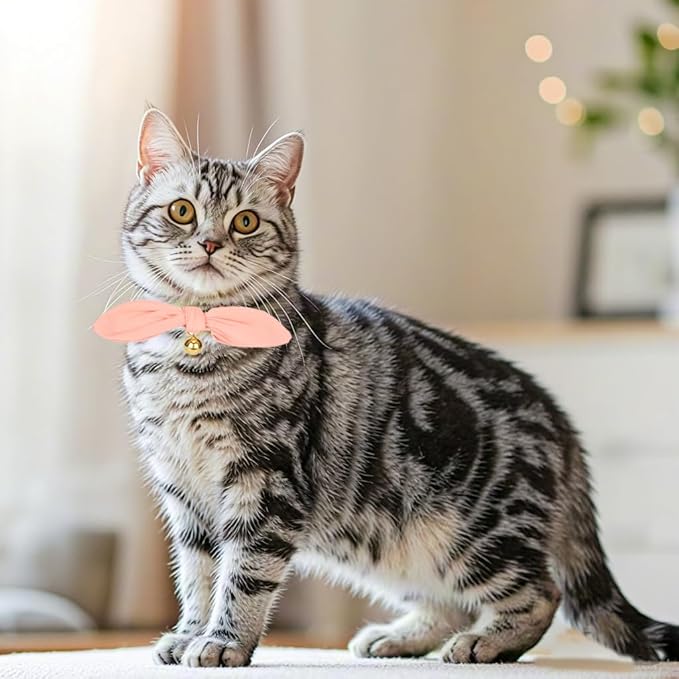 Bunny Ear Cat Collar with Bell and Bow Tie, Breakaway Cute Bowtie Kitten Collars(Coral Orange)