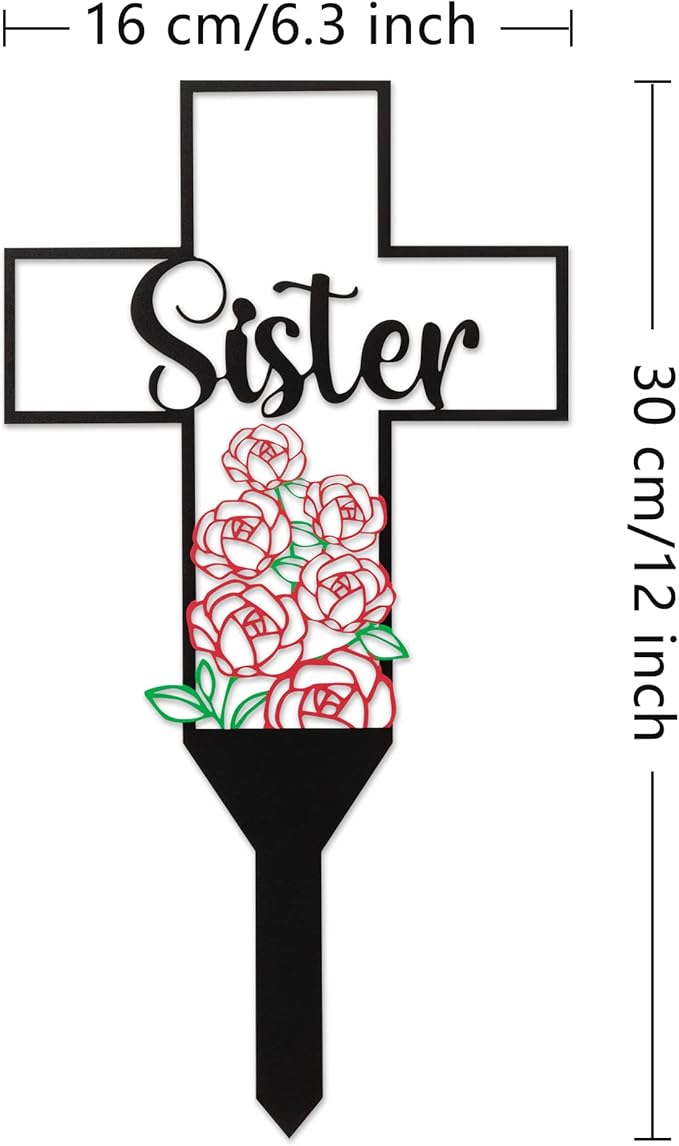 BUoonyer Sister Memorial Graves Markers Cemetery Decorations, Metal Cross Stakes Grave Stones Cemetery Headstones Decor, Girls Graveyard Remembrance Graveside Sign for Garden Outdoor Outside Yard