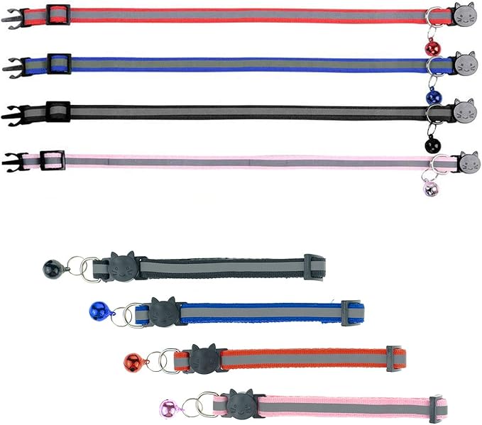 4 Pcs Cat Collars with Bell, Breakaway & Reflective, Nylon, 4 Colors, 7-12 Inch, Unisex, Small Breeds