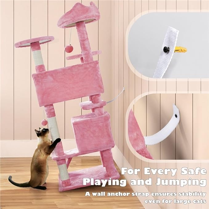 54 Inches Cat Tree Tower Condo Furniture, Cat Tower with Scratching Post, Multi-Level Climbing Tree Cat House Padded Plush Perch, Kittens Pet Play House, Light Gray