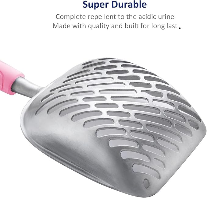 WePet Cat Litter Scoop, Aluminum Alloy Sifter, Kitty Metal Scooper, Deep Shovel with Diagonal Sifting Hole, Long Handle, Kitten Poop Lifter for Litter Box, Medium Size, Pink Handle