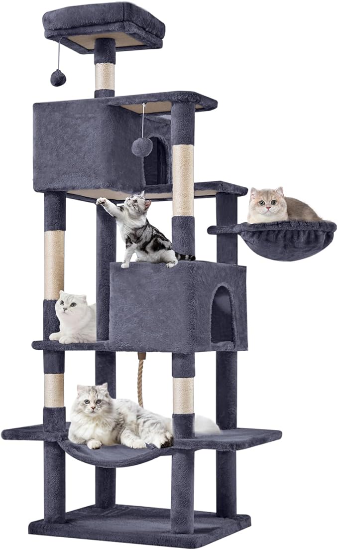 Sweetcrispy 66 Inch Cat Tree Tower, Multi Level Cat Climbing Tower with Natural Sisal Scratching Posts, Hammock, Pet Condo for Indoor Cats and Kittens Play, Dark Grey