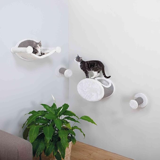 Trixie Wall Mounted Cat Lounge Set with Hammock & Condo – Climbing Shelves with Plush Condos & Sisal Steps – Wall-Mounted Cat Furniture for Scratching & Lounging – Gray, 18.75 x 11 x 11.25 in