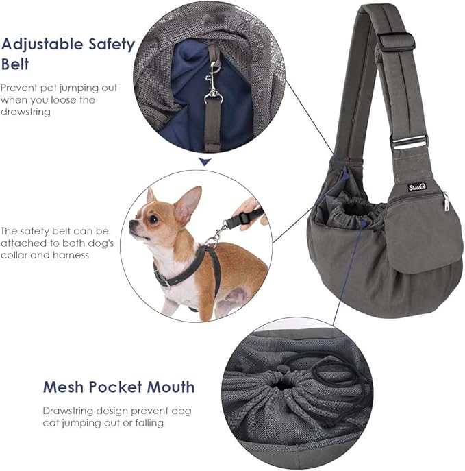 Lukovee Dog Sling Carrier, Hard Bottom Support & Adjustable Soft Padded Shoudler Strap Dog Slings for Small Dogs, Dog Purse with Drawstring Mesh Opening & Zipper Pockets for Puppy Cat Pet (Grey)