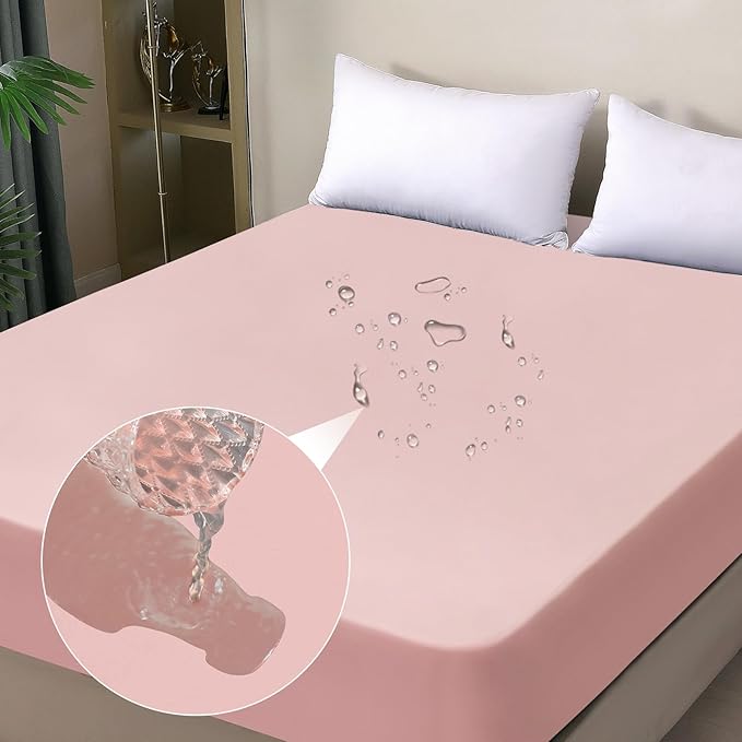 Twin Mattress Protector Waterproof, Fitted Sheet Style Breathable Mattress Cover with Deep Pocket Fits Up to 18'', Noiseless Bed Cover for Kids Adults Pets, Machine Washable (Pink, 39'' X 75'')