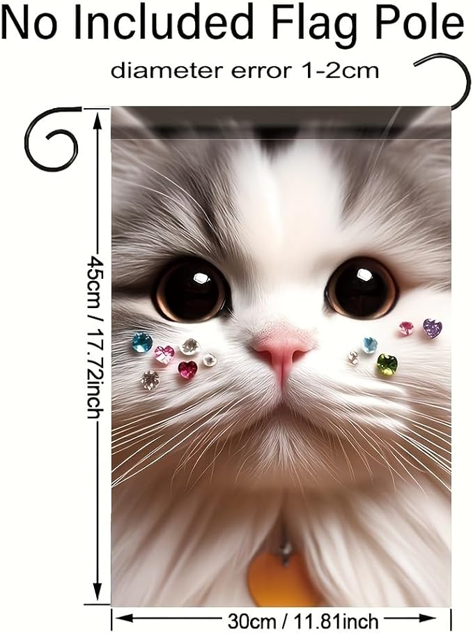 Cute Cat Garden Flag 12x18 Inch Double Sided Outdoor Yard Banner Adorable White Kitten with Gemstone Whiskers Sparkling Eyes Pet Lover Decor for Spring Summer Porch Lawn