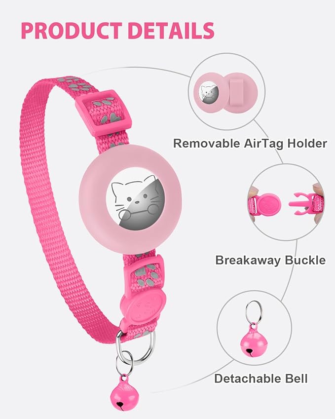 Joytale AirTag Cat Collar 2 Pack with Breakaway Safety Buckle, Reflective Cats Collar with AirTag Holder, Adjustable 7.5-12.5 Inch, Anti-Fraying Lightweight for Girl Boy Kitten, Pink