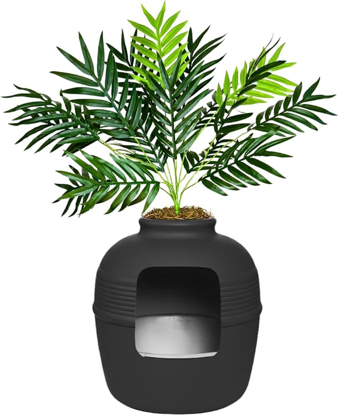 Good Pet Stuff Hidden Litter Box Planter, Decorative Cat Litter Enclosure with Carbon Filter, Artificial Plant, Easy Clean, Removable Liner, Round Style, Essentials Kit, Matte Black