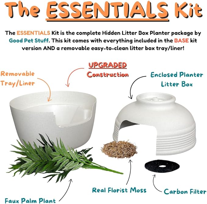 Good Pet Stuff Hidden Litter Box Planter, Decorative Cat Litter Enclosure with Carbon Filter, Artificial Plant, Easy Clean, Removable Liner, Round Style, Essentials Kit, Classic White