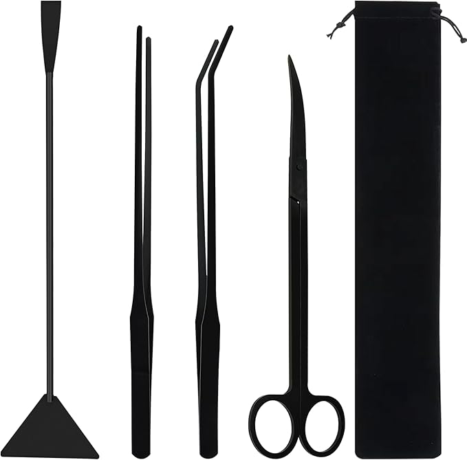 Aquascaping Tools Aquarium Kit – 4PCS Plant Trimming Tool Set with Long Tweezers, Scissors, Algae Scraper Spatula & Feeding Tongs, Fish Tank & Terrarium Cleaning Accessories