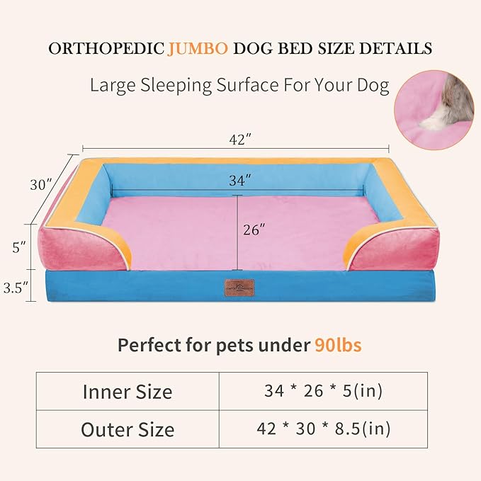Comfort Expression Orthopedic Dog Bed for Extra Large Dogs 42x30 Inch, Waterproof Egg Crate Foam XL Pet Bed with Removable Bolsters, Dog Couch with Washable Cover & Non-Slip Bottom, Bubblegum Cove
