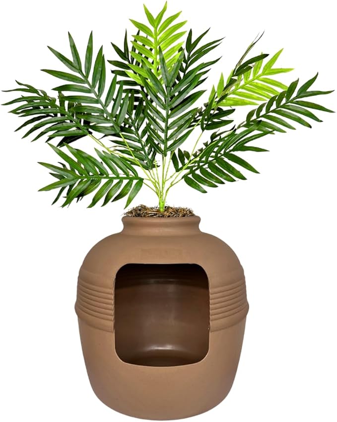 Good Pet Stuff Hidden Litter Box Planter, Decorative Cat Litter Enclosure with Carbon Filter, Artificial Plant, Easy Clean, Indoor Design, Original Round Style, Base Kit, Mocha Brown