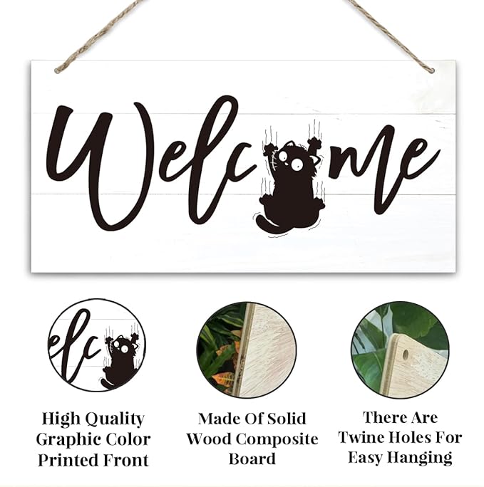 Welcome Sign for Front Door, Welcome Decor Wooden Hanging Sign for Cats Lover, Funny Cat Pattern Wall Decor, Rustic Funny Wooden Outdoor Front Door Hanging Decoration 13.8X6.9 inches