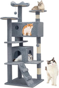 Athena Collection Cat Tree, 54 Inch Multi-Level Cat Activity Center with 2 Cat Condo & Scratching Post & Dangling Ball for Indoor Cats, Light Gray