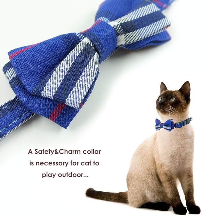 Cat Collar Breakaway with Bell and Bow Tie, Plaid Design Adjustable Safety Kitty Kitten Collars(6.8-10.8in) (Blue Plaid 1)