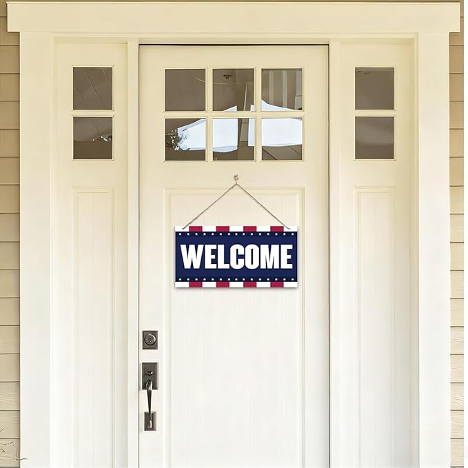 Welcome Sign for Front Door, Welcome Decor Wooden Hanging Sign, Patriotic American Theme Wall Hanging Decor, Funny Wooden Outdoor Front Door Decoration 13.8X6.9 inches