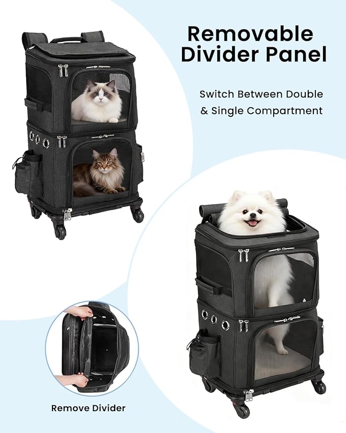 Double-Compartment Pet Carrier Backpack with Wheels for Small Cats and Dogs, Cat Rolling Carrier for 2 Cats, Perfect for Traveling/Taking a Walk/Trips to The Vet, Black