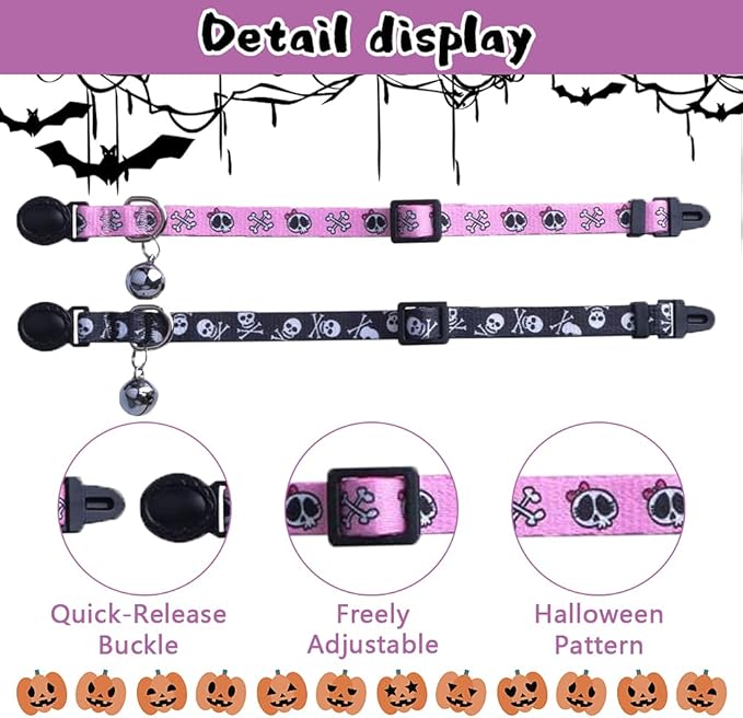 PUPTECK Breakaway Cat Collar with Bell Charm, 2 Packs Adjustable Kitty Collars Pink & Black Skull Pattern, 7.8-11.8 in