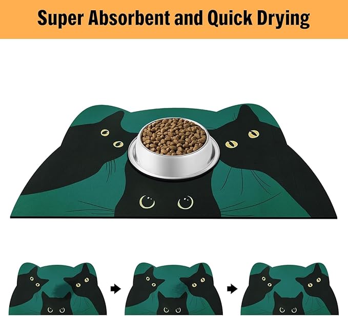Cat Food Mat - Pet Feeding Mat for Floor, Non-Slip, Waterproof, Super Absorbent, Easy to Clean, Blue, Cat, Dog 12.2''x19.7''