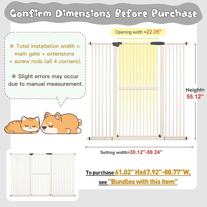 Lumizone Extra Tall Cat Gate 61.02" High Pressure Mounted Extra Wide 38.39"-59.24" (17Sizes) 1.37" Gap No Drilling Auto-Close Tall Pet Gate for Dogs (Cream, 30.12"-59.24" W)