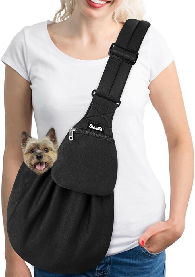SlowTon Dog Carrier Sling - Thick Padded Shoulder Strap Adjustable Dog Carriers for Small Dogs, Puppy Carrier Purse for Pet Cat with Front Zipper Pocket Safety Belt Machine Washable (Dark Black, M)