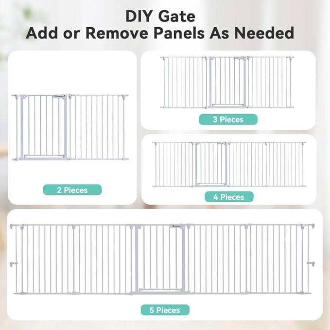 COMOMY 127.8" Extra Wide Baby Gate, Dog Gate for House Stairs Doorways Fireplace, Auto Close Pet Gate with Door Walk Through, 5 Metal Panels, Hardware Mounted Baby Fence Indoor Outdoor(30" Tall,White)