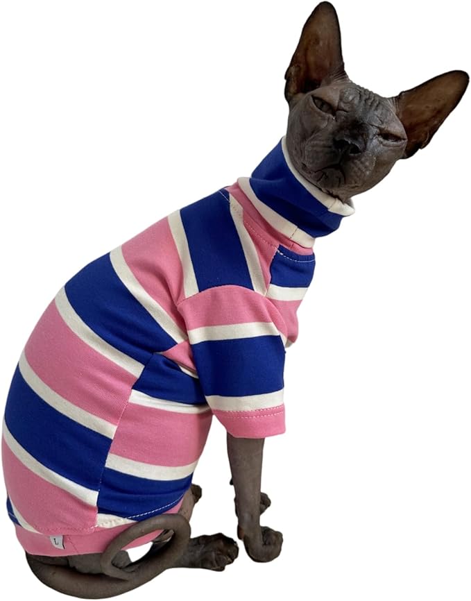 Vintage Stripes Sphynx Hairless Cats Shirt Cotton Cat Turtleneck Pet Clothes Kitten T-Shirts with Sleeves for Sphynx Cats (Wide Pink Blue Stripe, X-Large)