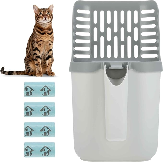 Cat Litter Scoop, Durable Litter Scooper with Refill Bags, Mess-Free Cat Litter Scooper, Convenient Scoop Holder Design, White, Grey