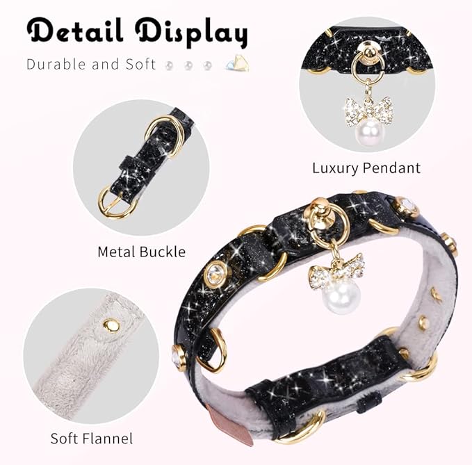 PetsHome Cat Collar, Dog Collar, [Bling Rhinestones] PU Leather Adjustable Pet Collar with Luxury Pendant for Big Cat and Small to Medium Dog Small Black