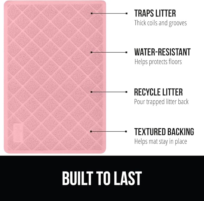 GORILLA GRIP Cat Litter Box Mat, 47x35, Water Resistant, US Designed Kitty Litter Trapping Mats, Easy to Clean, Scatter Control, Less Mess and Clean Floors, Kitten Supplies for Indoor Cats, Light Pink