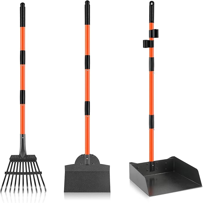 Pooper Scooper, Extra Large Long Handle Dog Pooper Scooper for Dogs Heavy Duty, Pet Supplies Stainless Metal Tray, Spade and Rake Set, Use on Grass, Dirt or Gravel