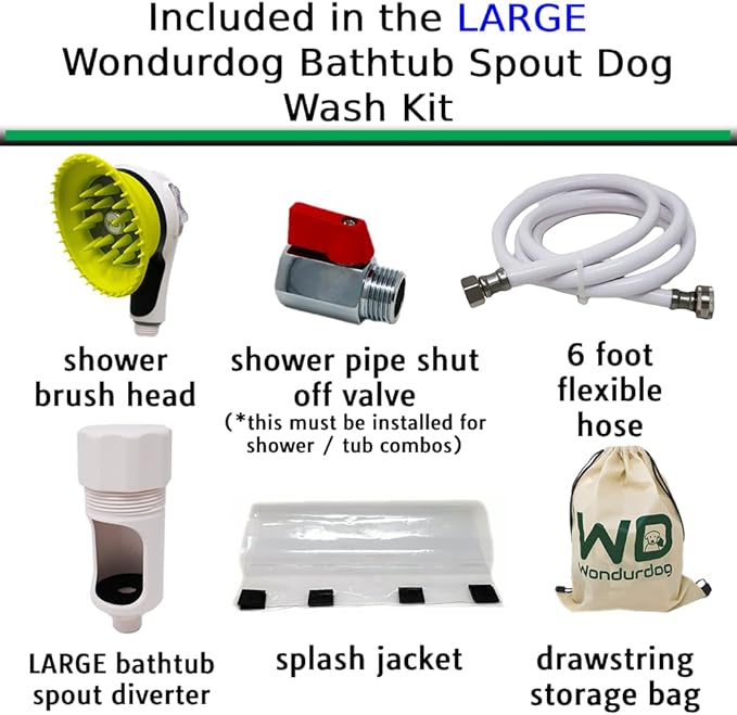 Wondurdog LARGE Sized Bathtub Spout and Garden Hose Attachment Dog Wash Kit w/Splash Shield and Rubber Scrubbing Teeth. Tub Spouts with Front Pull Up Diverter Only. Max Height 3.20". Home Pet Grooming